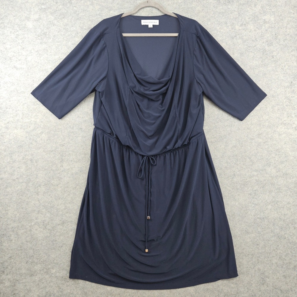 Emma & Michele Dress Women's 3X Navy Blue Cowl Neck Drawstring Waist Stetchy
